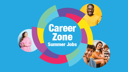 Colourful circular pattern with images of youth, a blonde white woman and a black man in yellow