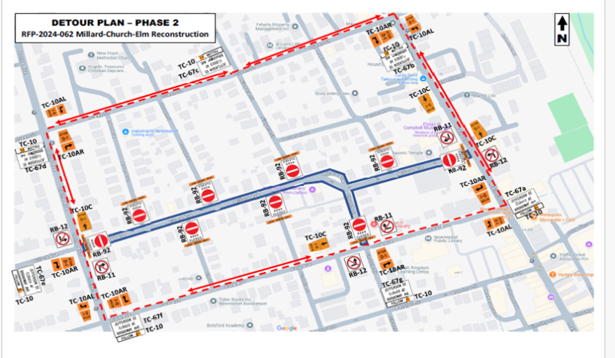 Traffic plan map with road closures and detours marked in red and blue lines.