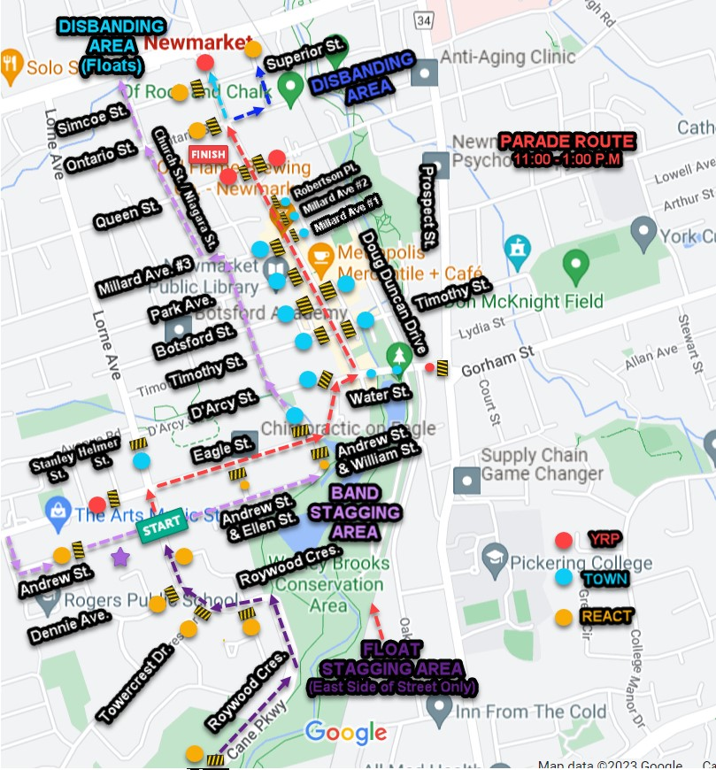 Parade route map with labeled streets and landmarks in a city area.