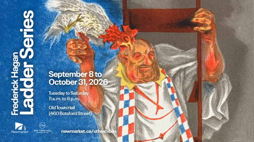 Frederick Hagan artwork of robed man on a ladder surrounded by jester like figures. Art exhibit information displayed on top in white text