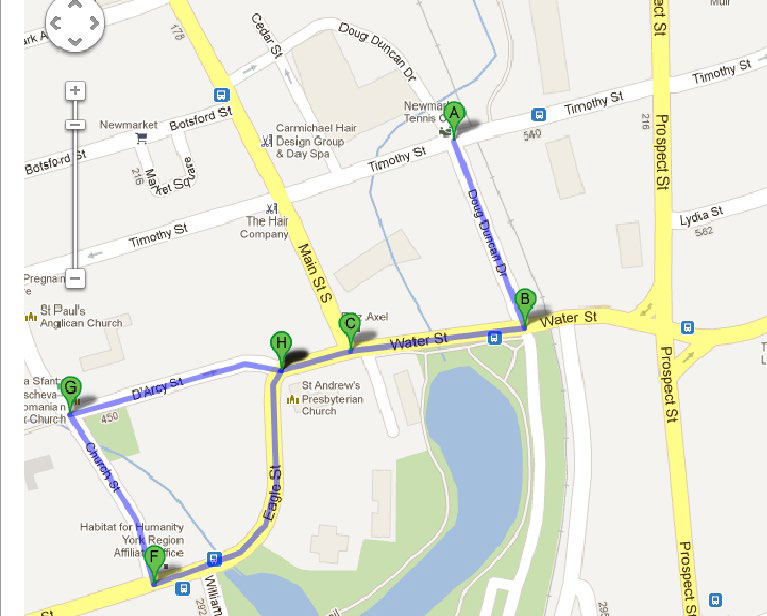 Map showing the Remembrance Day Parade route through downtown Newmarket, including sections of Timothy Street, Doug Duncan Drive, Water Street, Main Street South and D’Arcy Street.