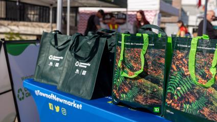 Green bags on a Town of Newmarket table for the community cleanup event