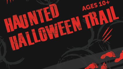 Red footprints and text on a black background with scratches.