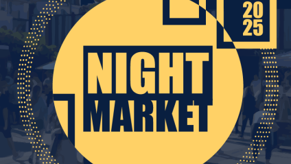 Night market logo with yellow circle and geometric accents.