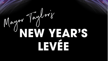 Colorful light streaks on black background with text saying Mayor Taylor's New Year's Levee.