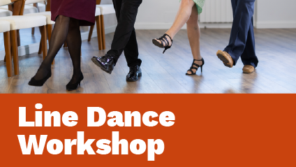 4 people dancing with text reading Line Dance Workshop