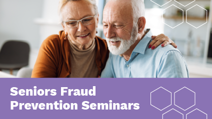 Two white seniors seated together around laptop with title text reading Seniors Fraud Prevention Seminars