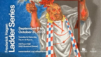 Frederick Hagan artwork of robed man on a ladder surrounded by jester like figures. Art exhibit information displayed on top in white text