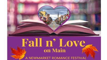 Picture of Main Street Newmarket in the shape of a heart, placed on top of an open book