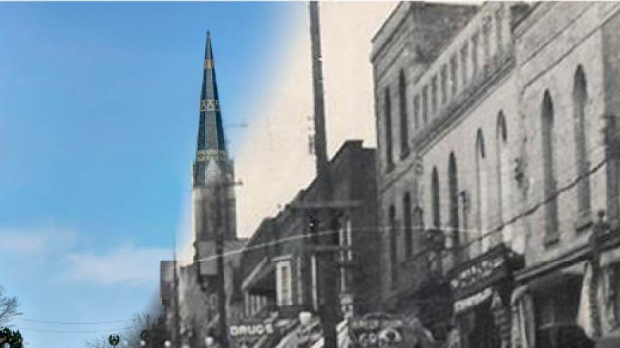 Historic urban street split between colour and black-and-white views.