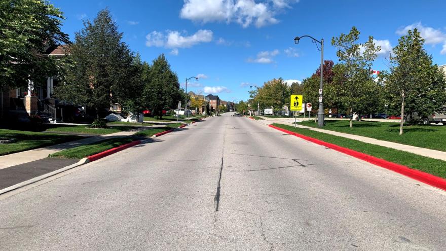 Quiet suburban street with trees and blue sky.