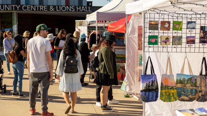 Outdoor market with people browsing art and handmade items.