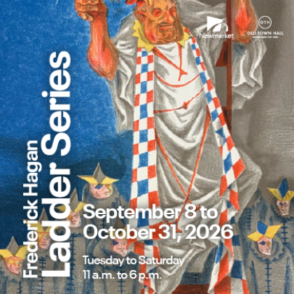 Frederick Hagan artwork of robed man on a ladder surrounded by jester like figures. Art exhibit information displayed on top in white text