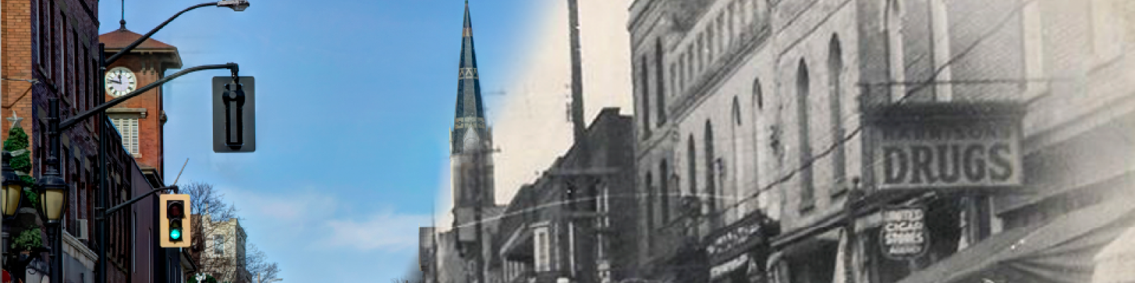 Historic urban street split between colour and black-and-white views.