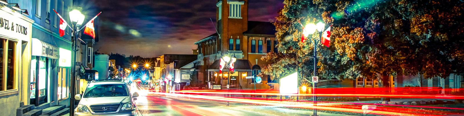Street photography of main street Newmarket with bright colourful lights
