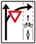 Road sign indicating lane directions and yield to bicycles.