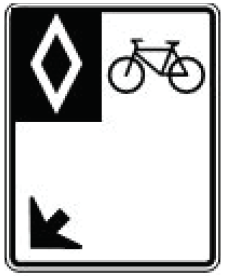 Road sign with carpool lane symbol, bicycle, and left arrow.