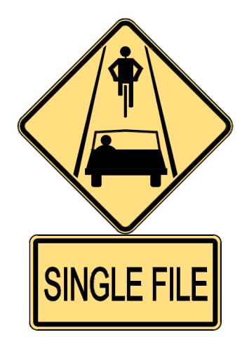 Pedestrian over car warning sign, text "Single File."