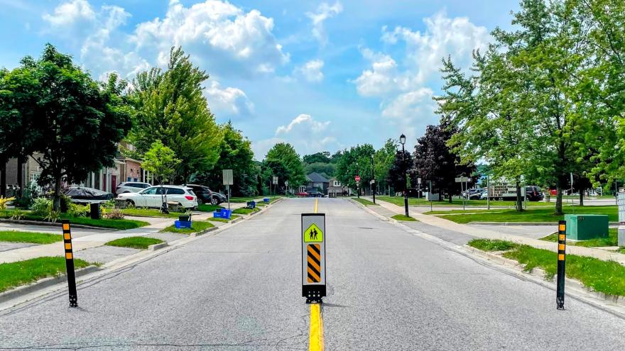 Residential street with bollards and trees under a blue sky.