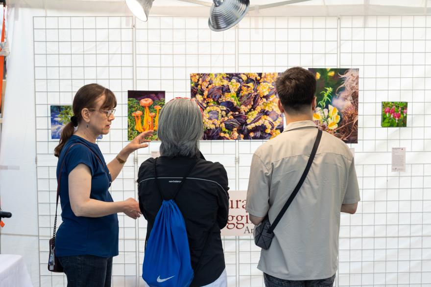 Three people view vibrant wall art in a gallery.