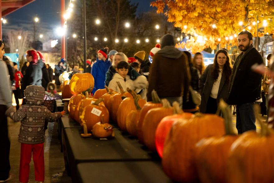 Pumpkins lined on up on a table with a crowd around it