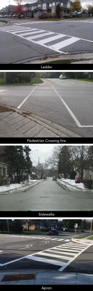 Four road intersections in various settings and weather.