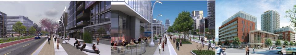 Modern cityscape with sidewalks, trees, and glass buildings under a blue sky.
