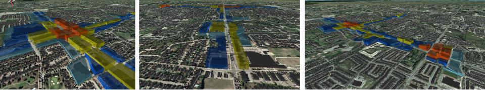 3D city maps with colorful path overlays.