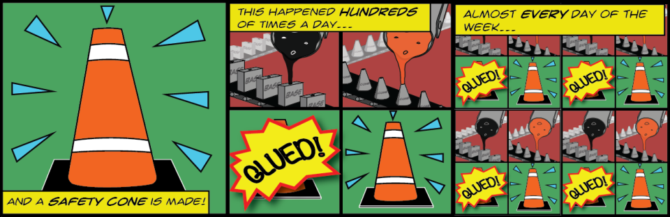 Comic-style graphic with an orange safety cone and text bubbles.