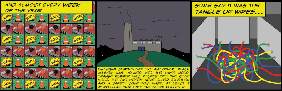 Three-panel comic: factory making identical boxes, dark building, tangled wires emerging from chute.