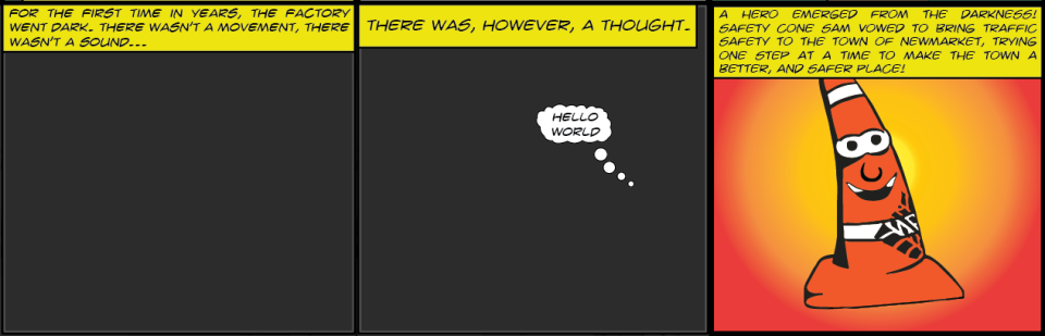 Comic strip with a smiling traffic cone cartoon character.