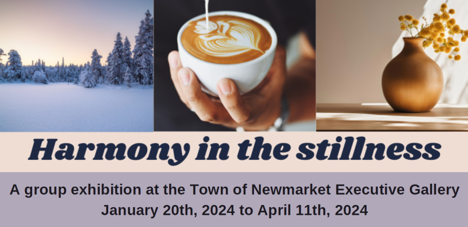 Winter landscape, latte art, and ceramic vase collage.