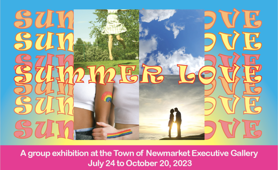 Collage with flowers, rainbow arm, couple at sunset. Bright, summery theme.