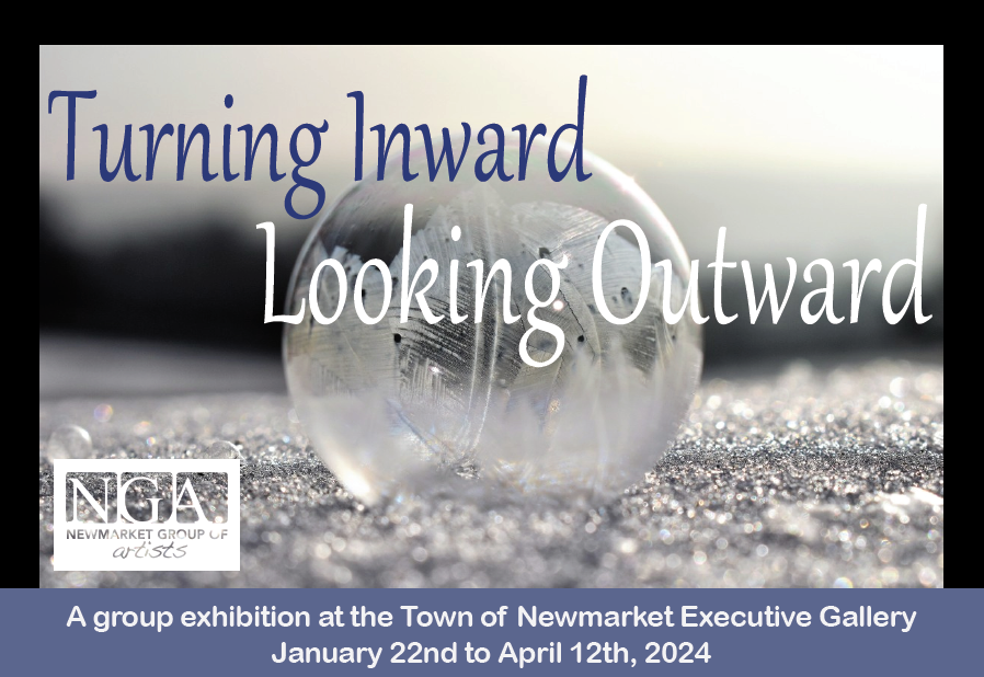 Clear glass ball on textured surface, exhibition text overlay.