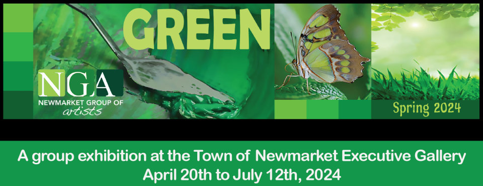 Green-themed exhibition banner with a frog and butterfly.