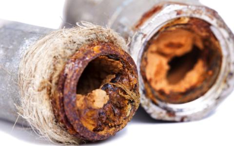 Two rusted, corroded pipes with visible internal buildup.