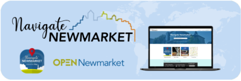 Navigate Newmarket logo with map and website illustration.