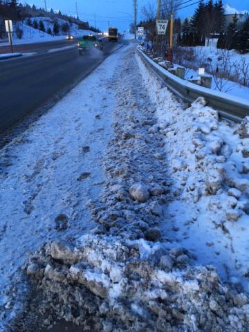 Snowy roadside with piled snow, under a cloudy, blue-tinted sky.