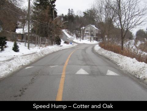 Snow-lined road with a speed hump and houses in the background.