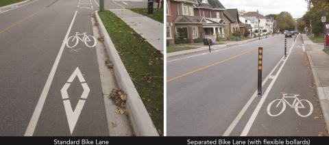 Bicycle lane comparison, one with and one without flexible bollards.