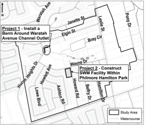 Map outlining two project areas with streets and landmarks labeled.
