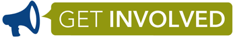 Megaphone icon with "Get Involved" text in green and blue.