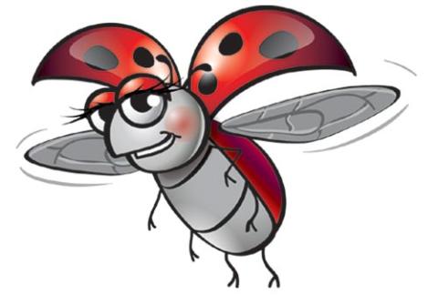 Cheerful cartoon ladybug with large eyes and red wings, flying.