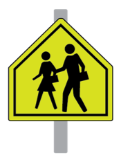 Yellow school crossing sign with two figures walking.