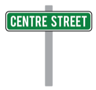 Centre Street sign on a gray pole, green background, white text.