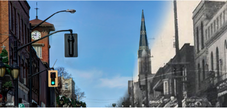 Street merging old black-and-white and modern color scenes, blue sky above.