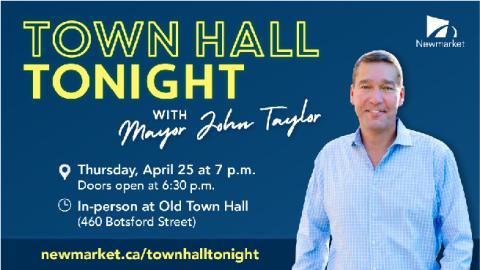 Man in blue shirt beside "Town Hall Tonight" text on blue background.