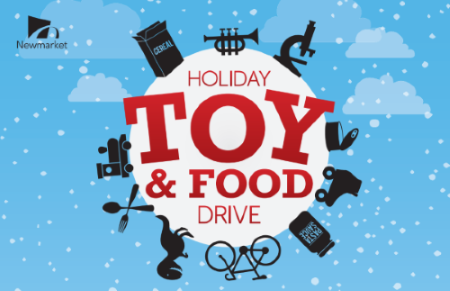 Holiday Toy & Food Drive flyer with icons of toys and food on a snowy background.