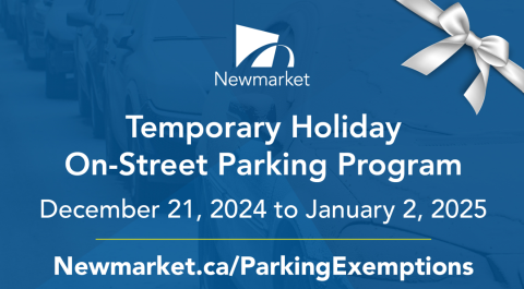 Newmarket logo with holiday parking program details, blue background.