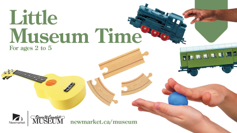 Little Museum Time title with floating toy trains, a yellow ukelele and a child's hands playing with coloured clay